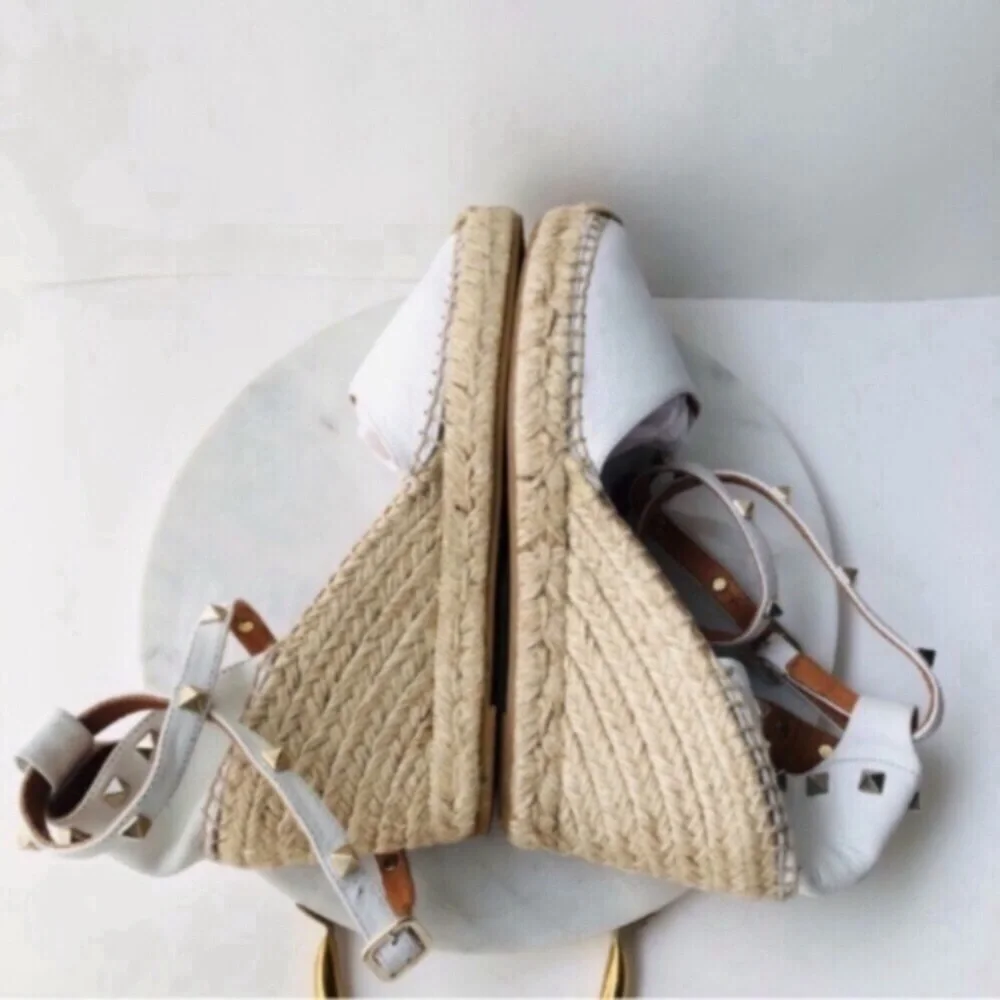 Maypol White Leather Wrap Espadrille Wedges